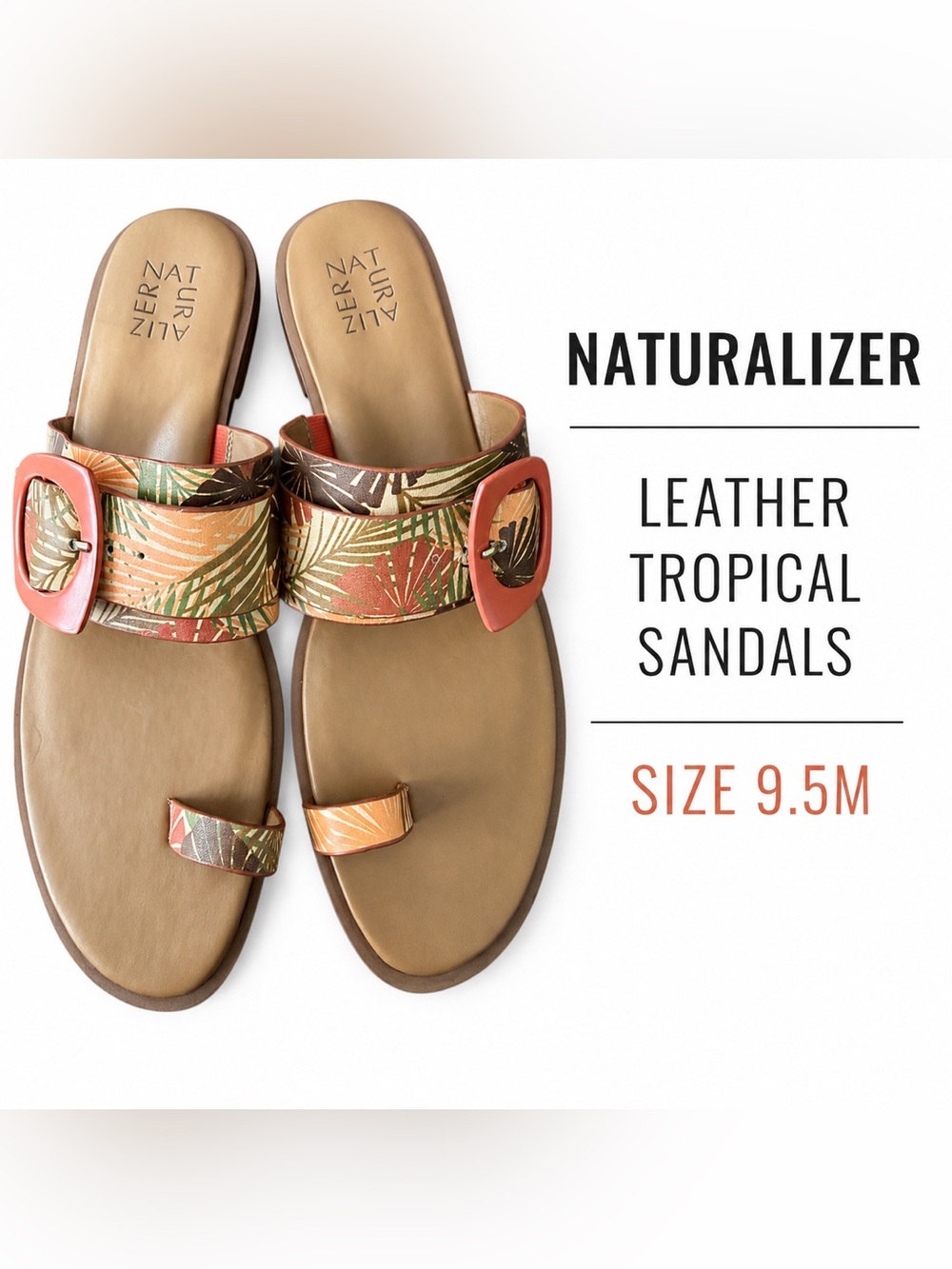 Naturalizer Tropical Print Leather Sandals Coral Buckle Women’s Size 9.5M